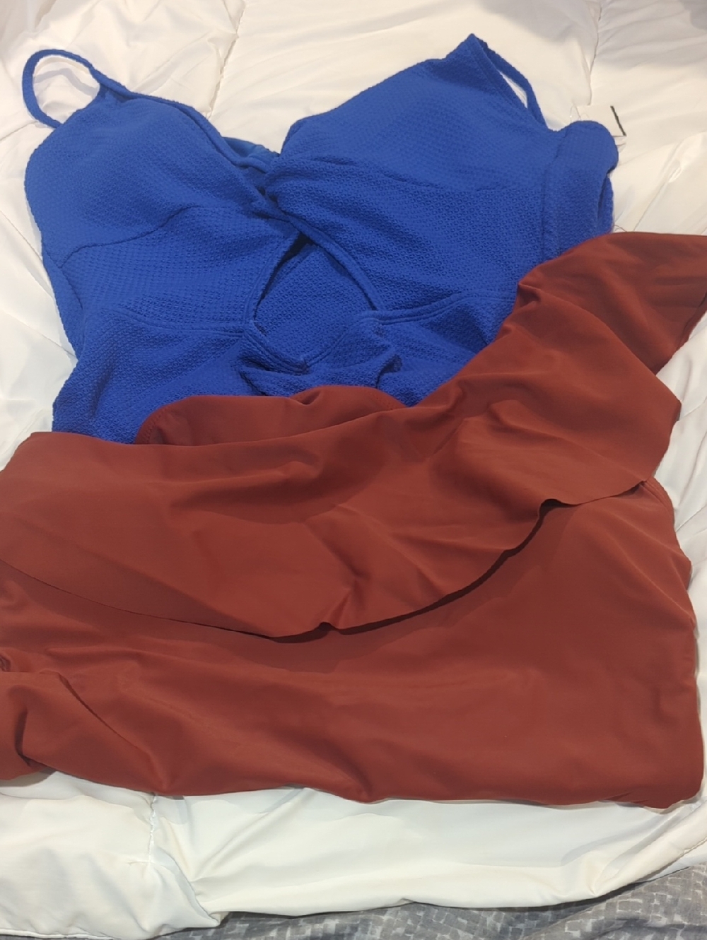 Two One Piece Swimsuits In Royal Blue and Rust